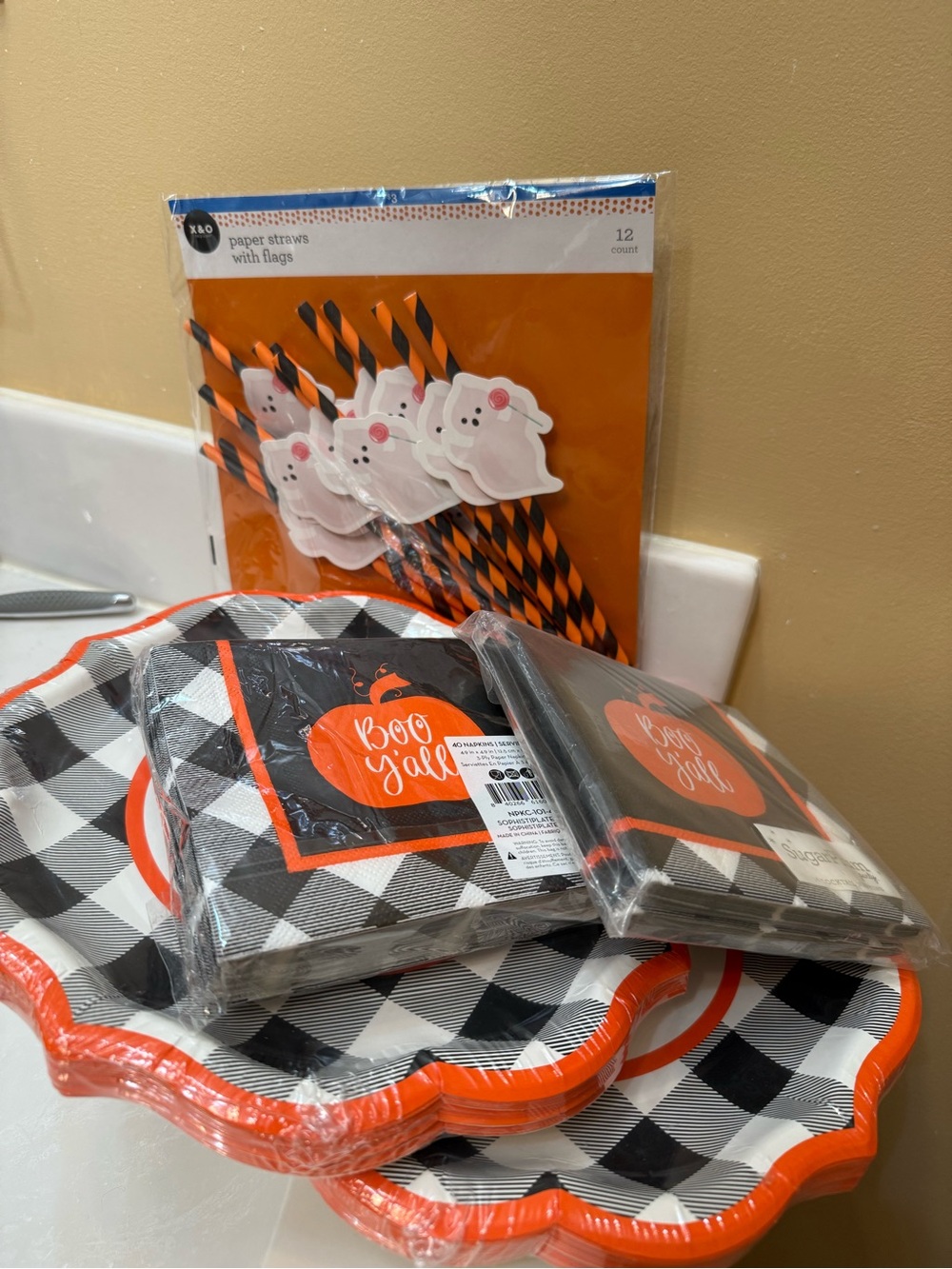Halloween Party Plates & Napkins Set with Orange & Black Ghost Straws
